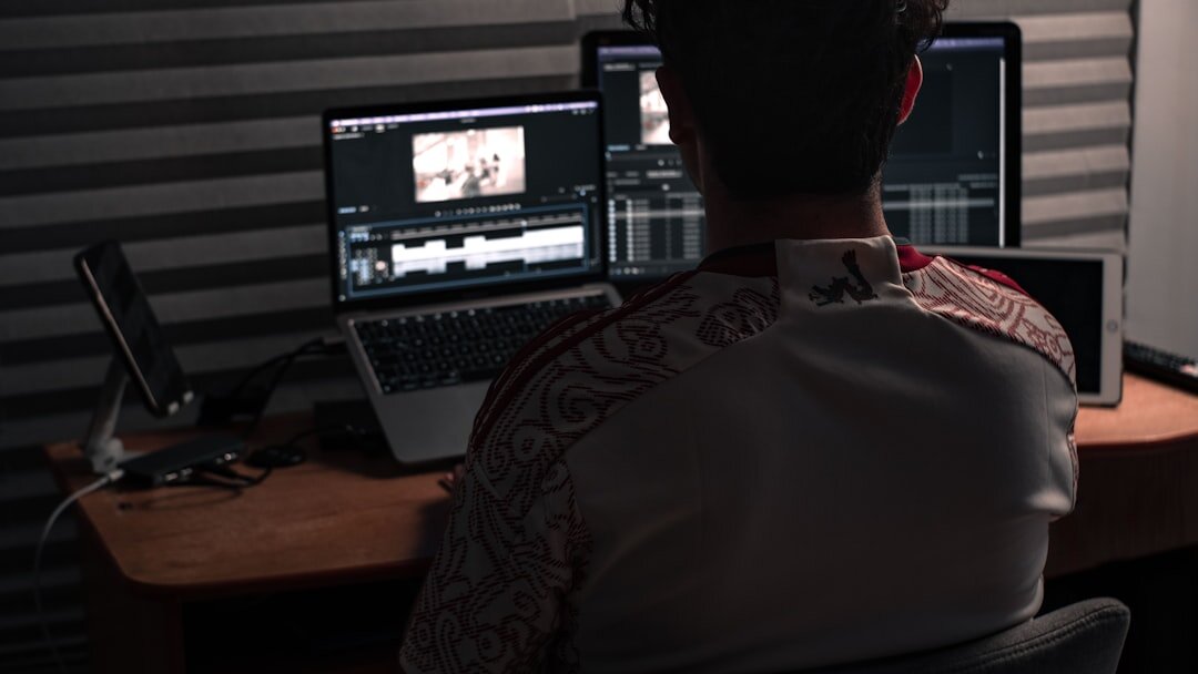 Journalist editing footage at a desk